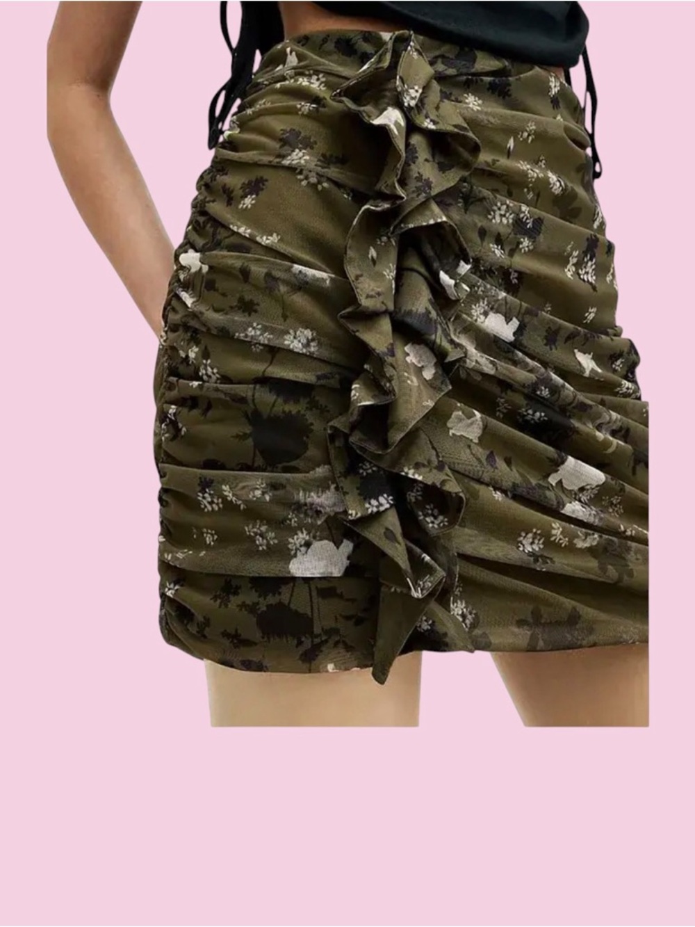 🎀ALLSAINTS🎀Ruched Ruffle Mini Skirt🎀Olive Floral🎀Size 10🎀NWOT🎀